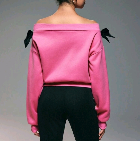 Women's Off Shoulder Bow Dropped Shoulder Long Sleeve Loose Sweatshirt - Picture 2 of 4